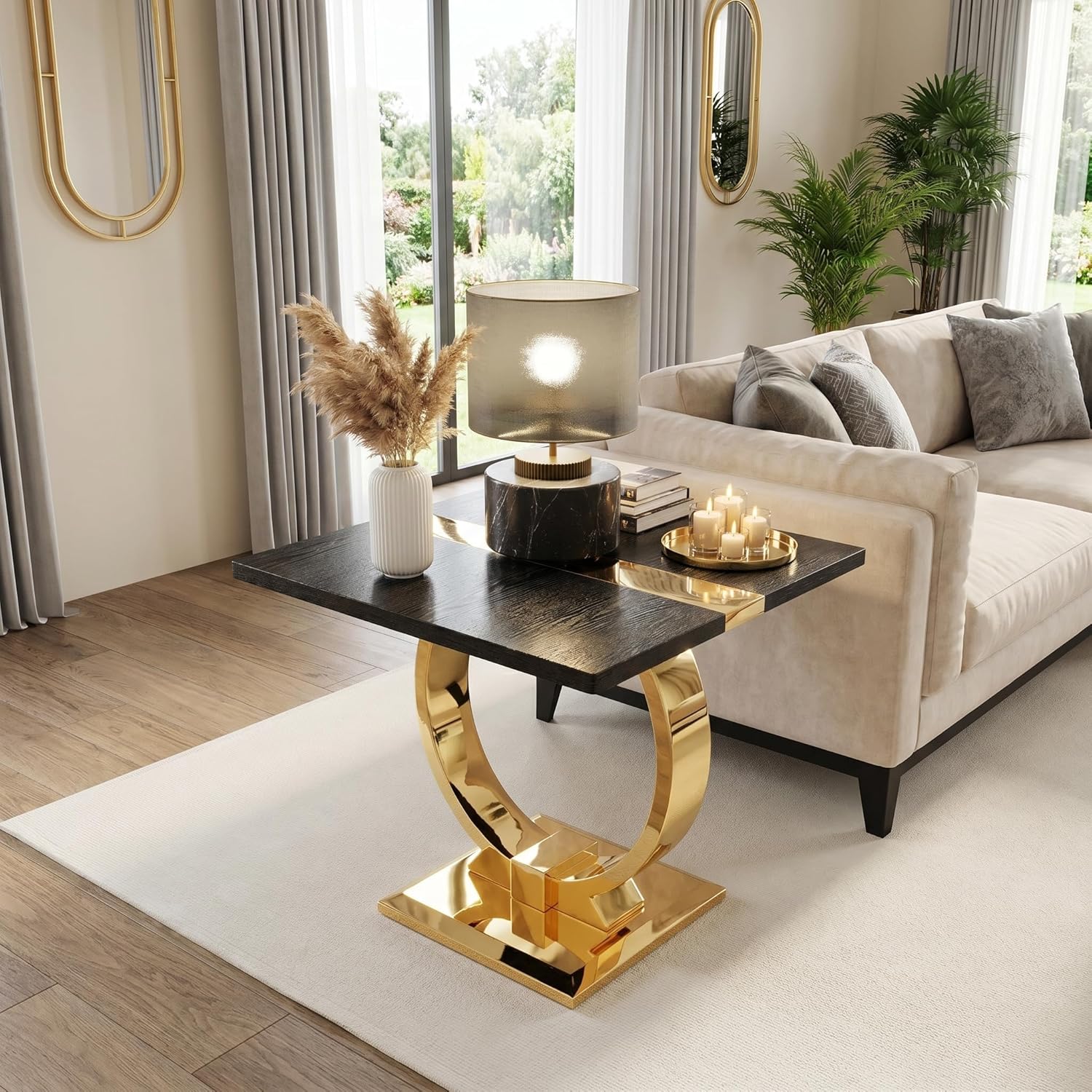 Asday 23” Wooden End Table Set of 2, Modern Luxury Square Side Table with Metal U Base for Living Room Bedroom Office, Black and Gold Nightstand Bedside Table Small Accent End Table