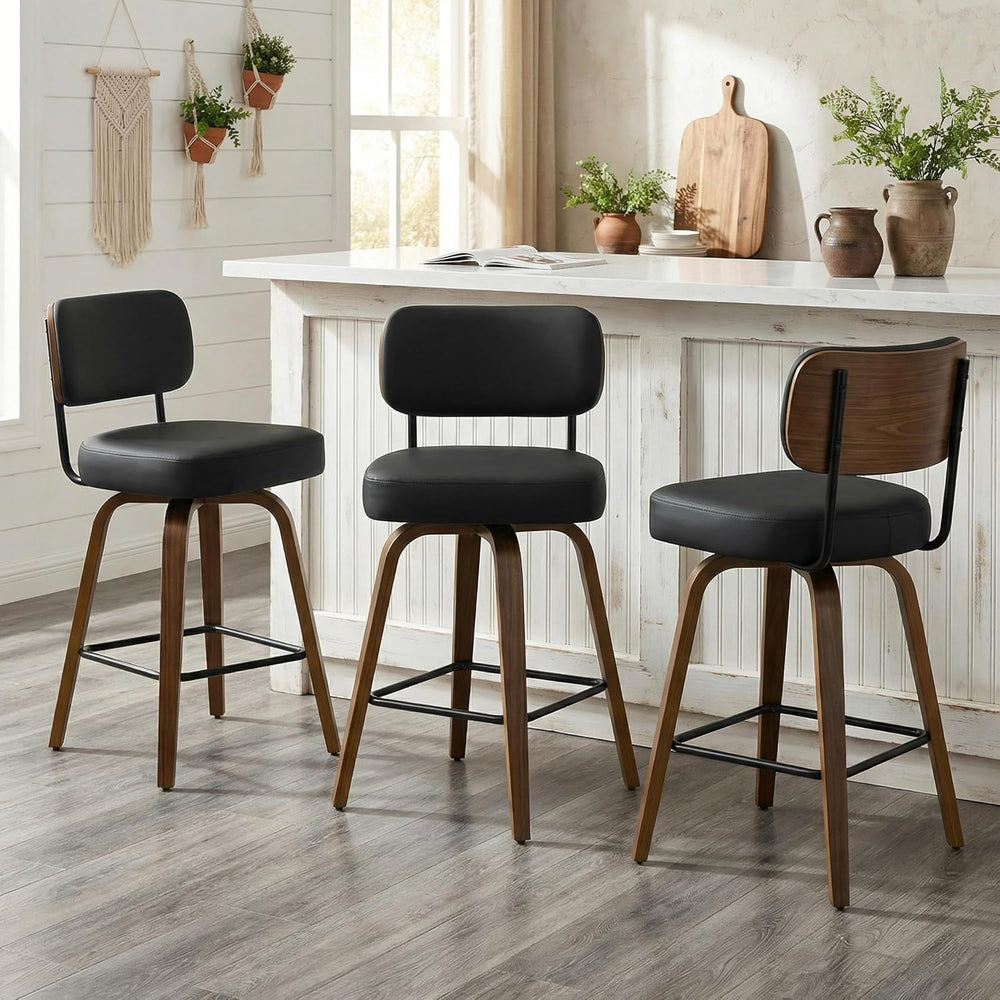 Swivel Bar Stools Set of 3, 26" Counter Height, Black | Walnut Wood Legs...