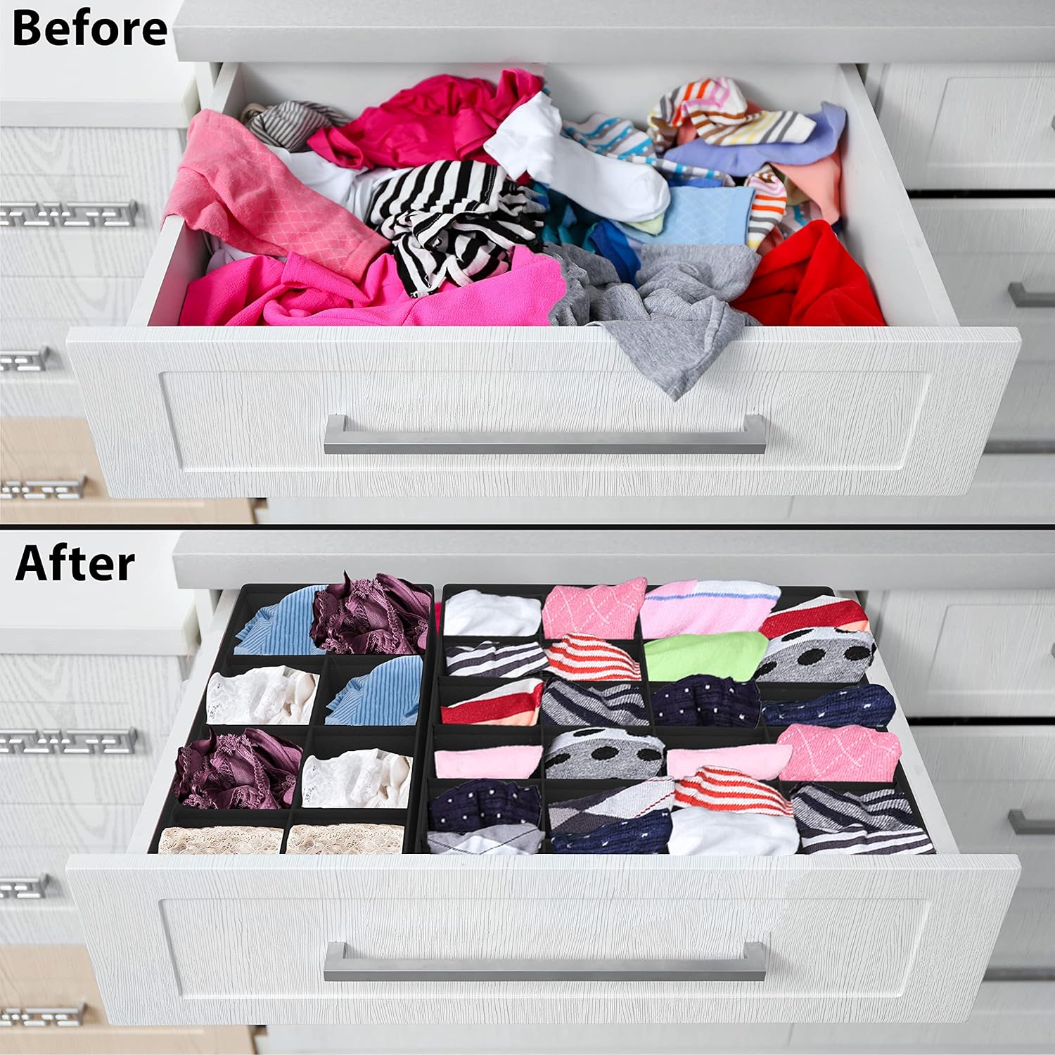 Simple Houseware 4-Pack Drawer Organizer Set - Closet Dividers for Underwear, Socks, Bras, Scarves, Ties - Foldable Non-Woven Storage Boxes, Black