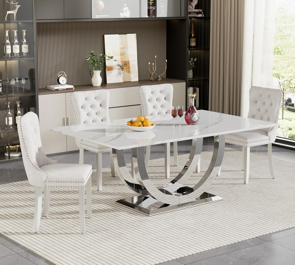 SSLine Modern White Marble Dining Table Set for 4,Luxury 69" Faux Marble...