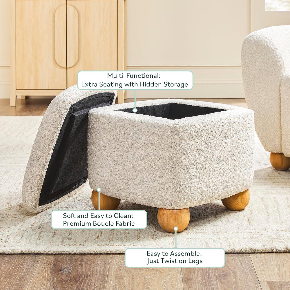 Walker Edison Linley Contemporary Small Storage Bouclé Ottoman with Wood Legs...