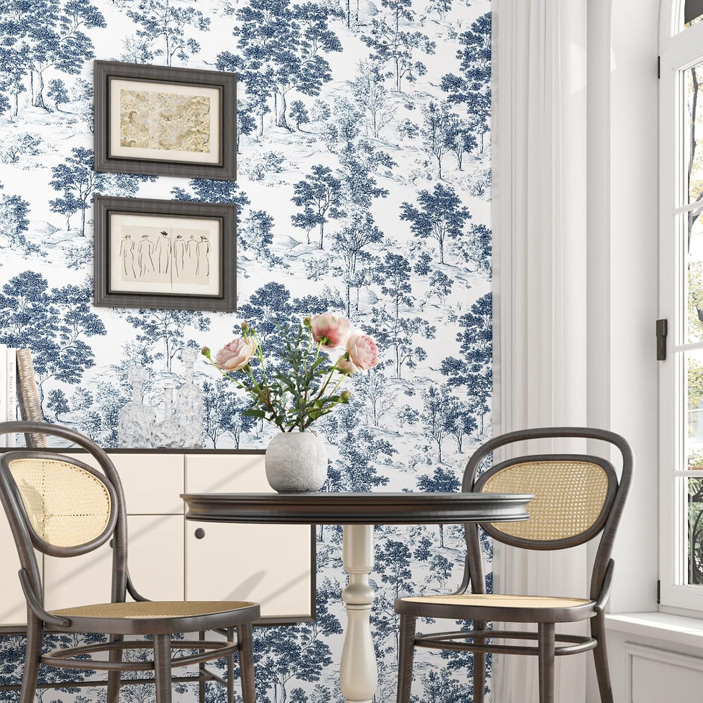 Vintage Toile de Jouy Navy Peel and Stick Wallpaper 17.5" x 787"