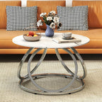 O&K FURNITURE Silver Coffee Table, Round Coffee Table Faux Marble Veins, Modern Center Table with Chrome Finish, for Living Room, Home Office, 1 PC