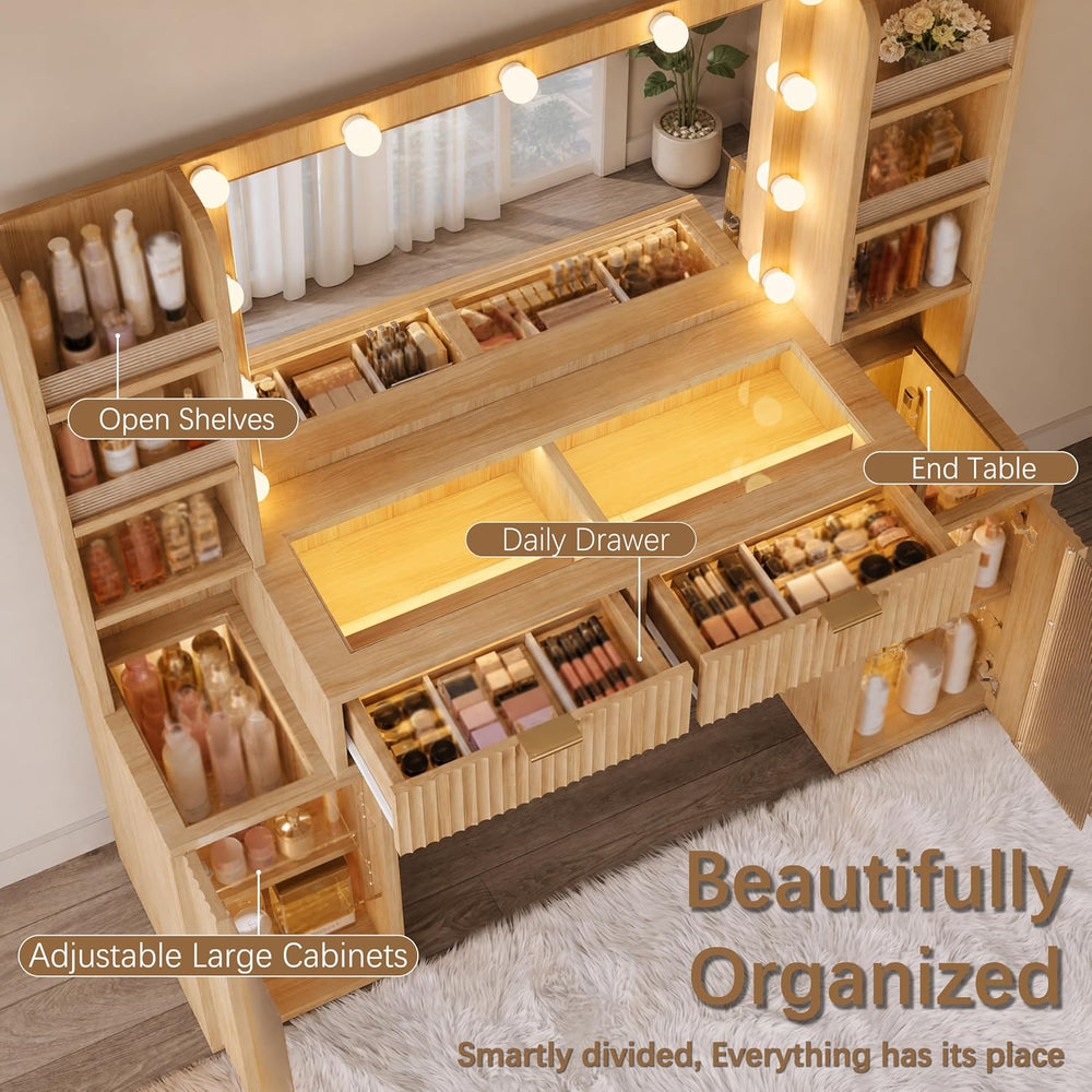 56'' Fluted Wooden Vanity with RGB Hollywood Lights & 36" HD...