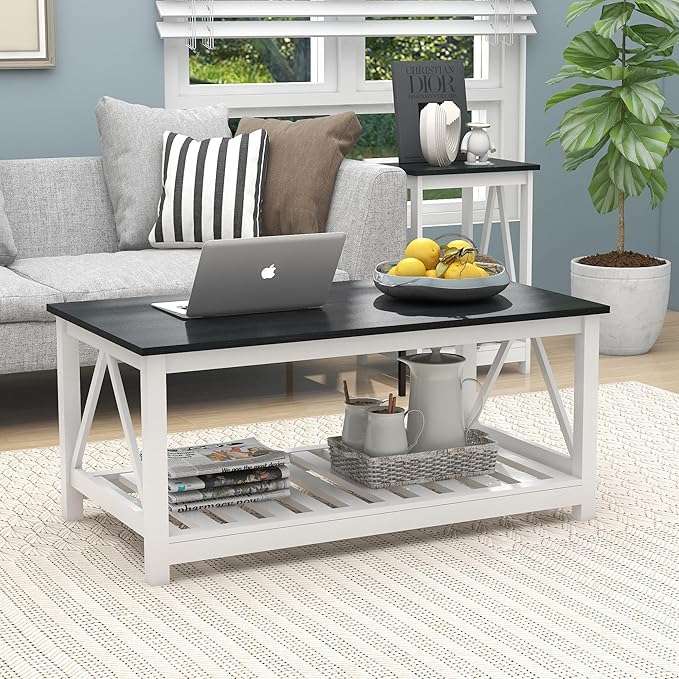 Farmhouse Coffee Table for Living Room, 2-Tier Rectangular Wooden Centre Cocktail Table with Slats Shelf Storage and V-Shaped Frame, Oak Blak