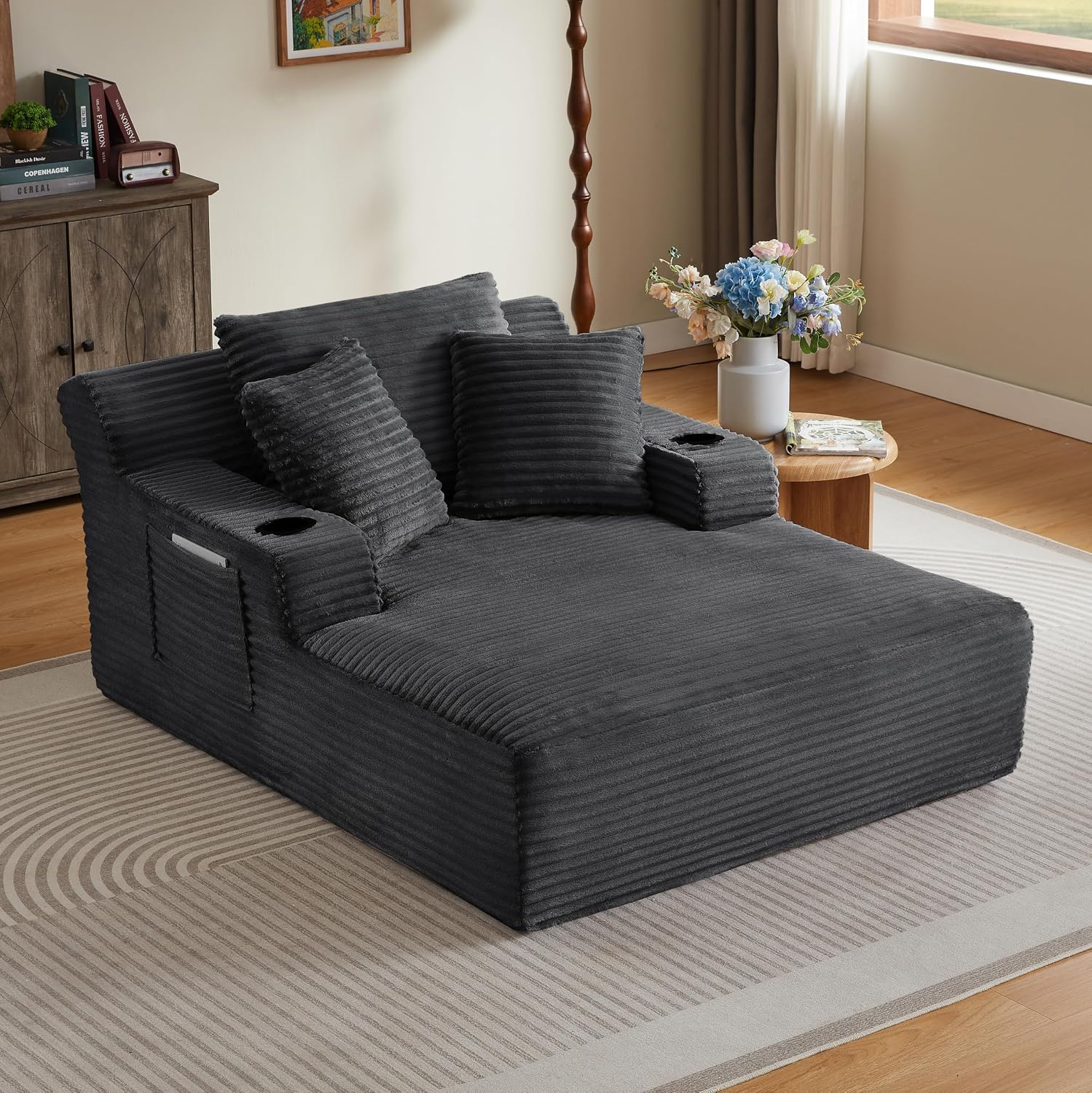 Oversized Corduroy Chaise Lounge Chair Boneless Sofa Bed, Deep Seat Floor Lounger Recliner Cloud Couch with Cup Holder & Storage Pocket for Living Room, Bedroom, Apartment