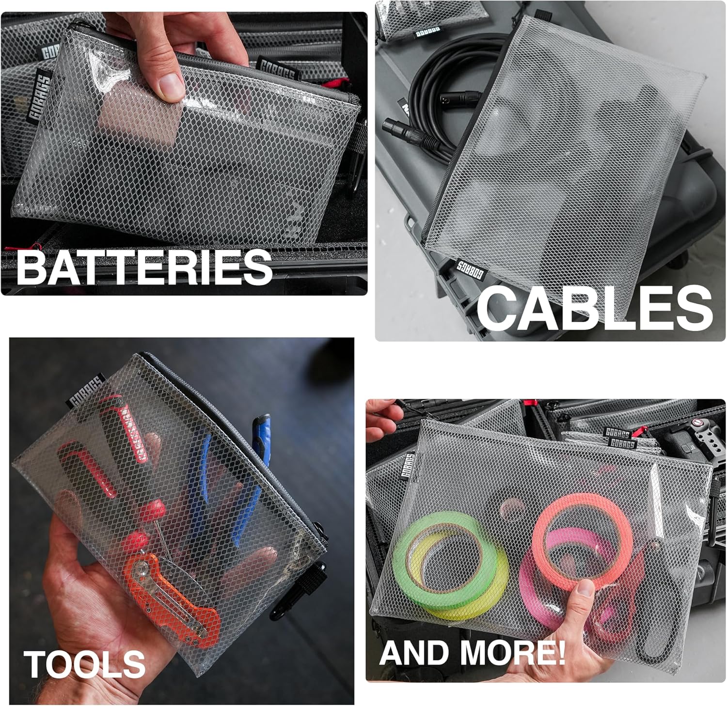 GOBAGS Air Production Multi‑Size Clear Zipper Pouch (4‑Pack) – Cable Organizer & Travel Gear Bag for Electronics, Camera Accessories, Tool Pouch & Small Tech Storage