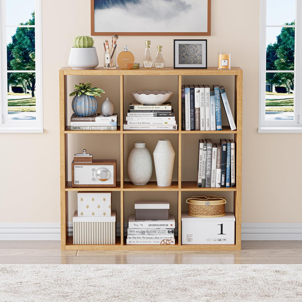 Cube Storage Organizer Bookcase, Decorative 11 inch Open Back Cubical Shelf with Thickened Border, Display Bookshelf for Living Room, Home Office, Sturdy Room (Natural Oak, 9 Cube)