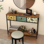 Tohomeor Entryway Console Table with 3 Retro Flowers Fabric Drawers Boho Narrow Long Behind Couch Sofa Table with Bottom Open Storage Shelf for Hallway Living Room Foyer (Rustic Brown, 3 Drawers)
