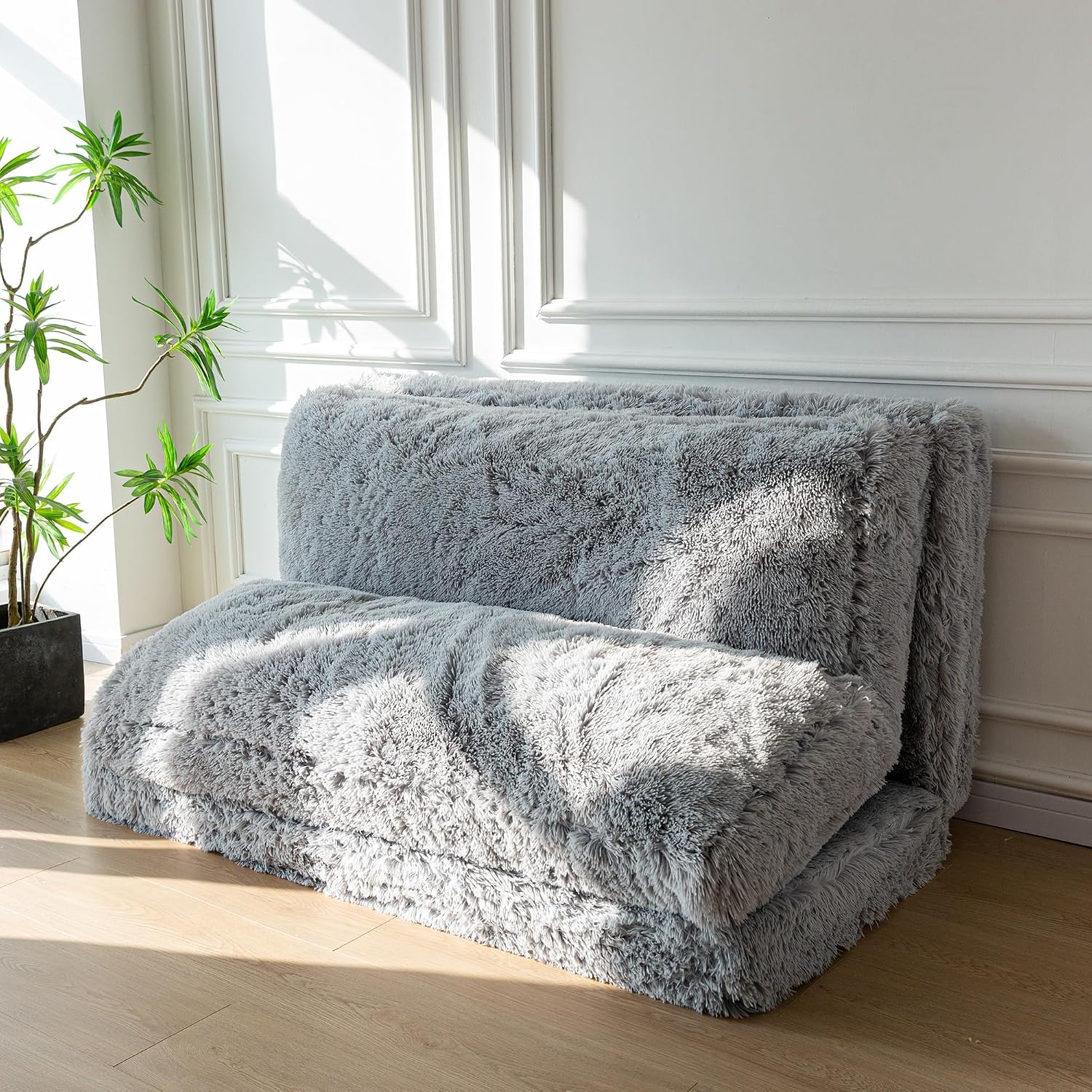 MAXYOYO Bean Bag Chair, Faux Fur Floor Sofa Floor Chairs for Adults, Folding Sofa Bed Foam Filling Wall Couch Chairs, Grey, 54x95 Inch