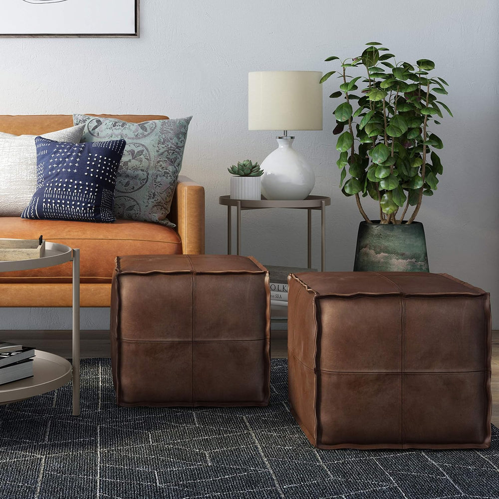 SIMPLIHOME Brody 18" Wide Square Pouf in Distressed Dark Brown Faux Leat...
