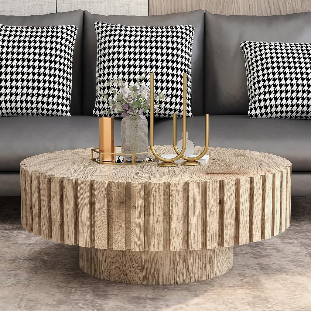 Round Wood Coffee Table for Living Room Modern Rustic Fluted Solid Wood Coffee Table Pedestal Center Table Circle Tea Tables for Apartment Easy Assembly(31.5''Oak Natural)