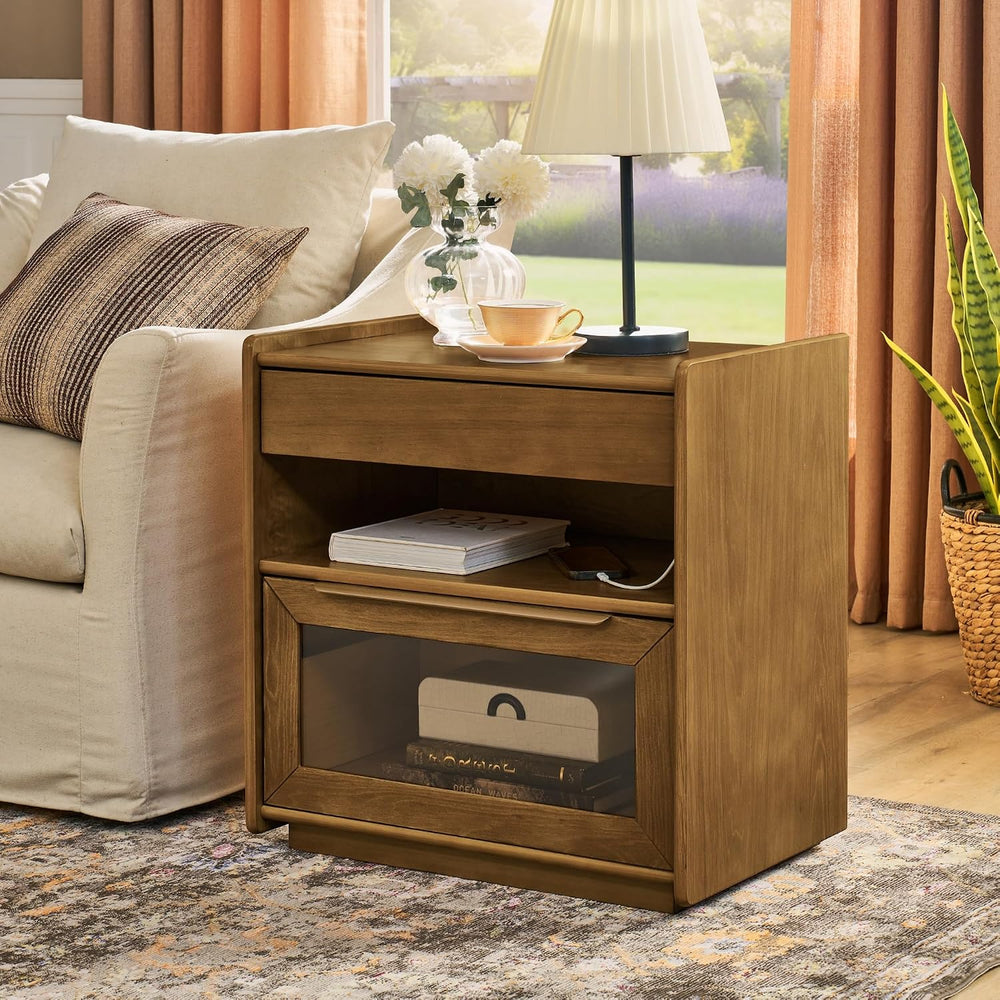 Mid Century Modern Nightstand with Charging Station & Outlet Hole & 2...