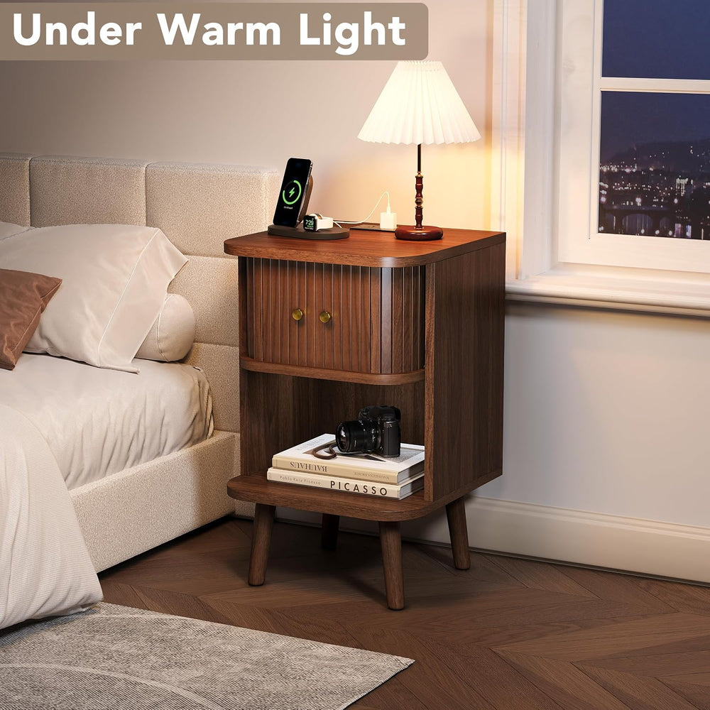 Decofy Mid Century Modern Nightstand Set of 2 with Charging Station, Walnut |...