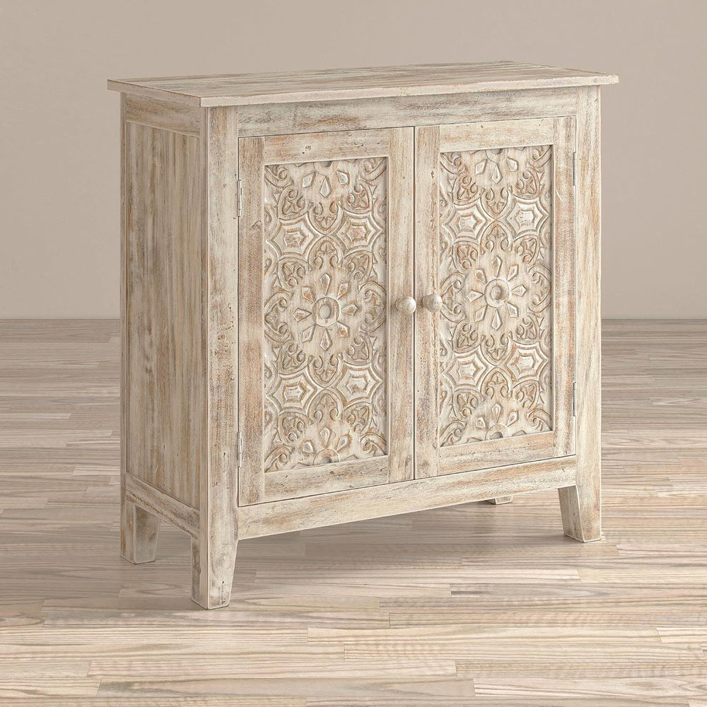 Jofran Global Archive Hand Carved Accent Chest Cabinet, 32', Weathered White
