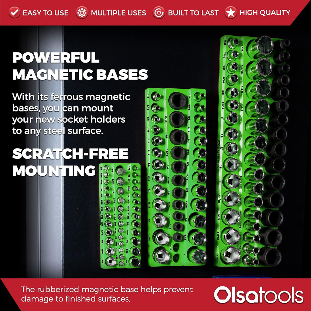 Olsa Tools Magnetic Socket Organizer | 3pc Socket Holder Kit | 1/2-Inch, 3/8-Inch, 1/4-Inch Drive | Socket Organizers For Toolboxes | Green | Holds 123 | Professional-Grade Tool Organizer | Part 1561