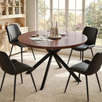 47.2" 5-Piece Round Dining Table Set for 4, Modern Wood Dining Table with 4 Upholstered Chairs, Kitchen & Dining Room Table Set with Metal Base for Apartment, Small Space, Walnut Table+4 Balck Chairs