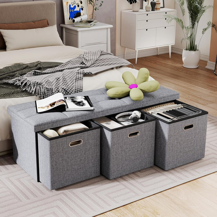 43 Inches Folding Storage Ottoman Bench with Drawers,End of Bed Foot Rest Stool with Padded Seat，Bedroom Bench for Living Room,Bedroom,Support 660lbs,Grey