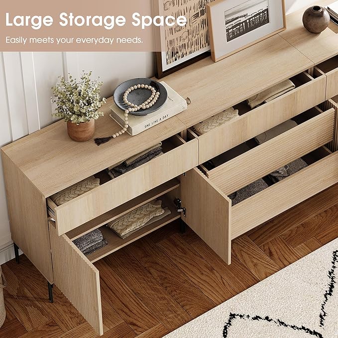 WAMPAT Fluted TV Stand for TVs up to 100 inchs, 3 in 1 Modern Entertainment Center with Storage Cabinets and 5 Drawers & 4 Doors, Wood Media TV Console Table with Storage for Living Room, Beige
