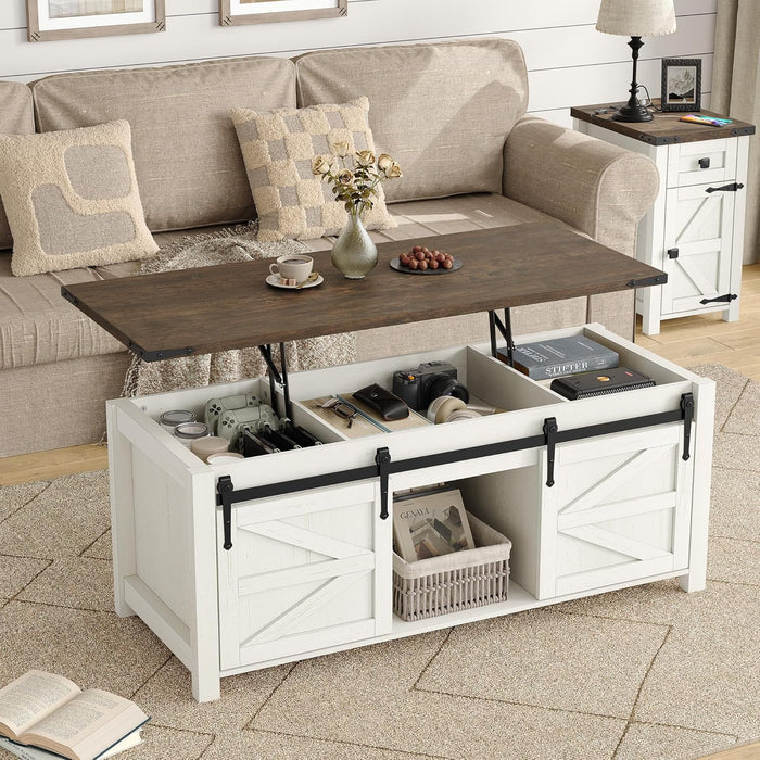 Furnihold 47.3'' Coffee Table with Storage, Farmhouse Wood Coffee Table with Lifting Top, Sliding Barn Doors, Rustic Rectangle Center Table for Living Room, Antique White