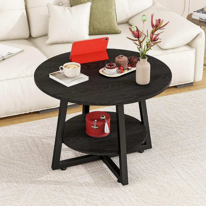 Round Coffee Table with Storage,Metal Small Coffee Table,Black