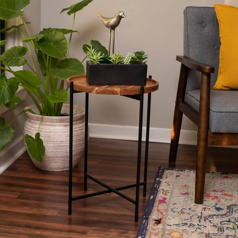 BIRDROCK HOME Folding Side Table with Removable Wood Tray - Modern Accent, Fo...