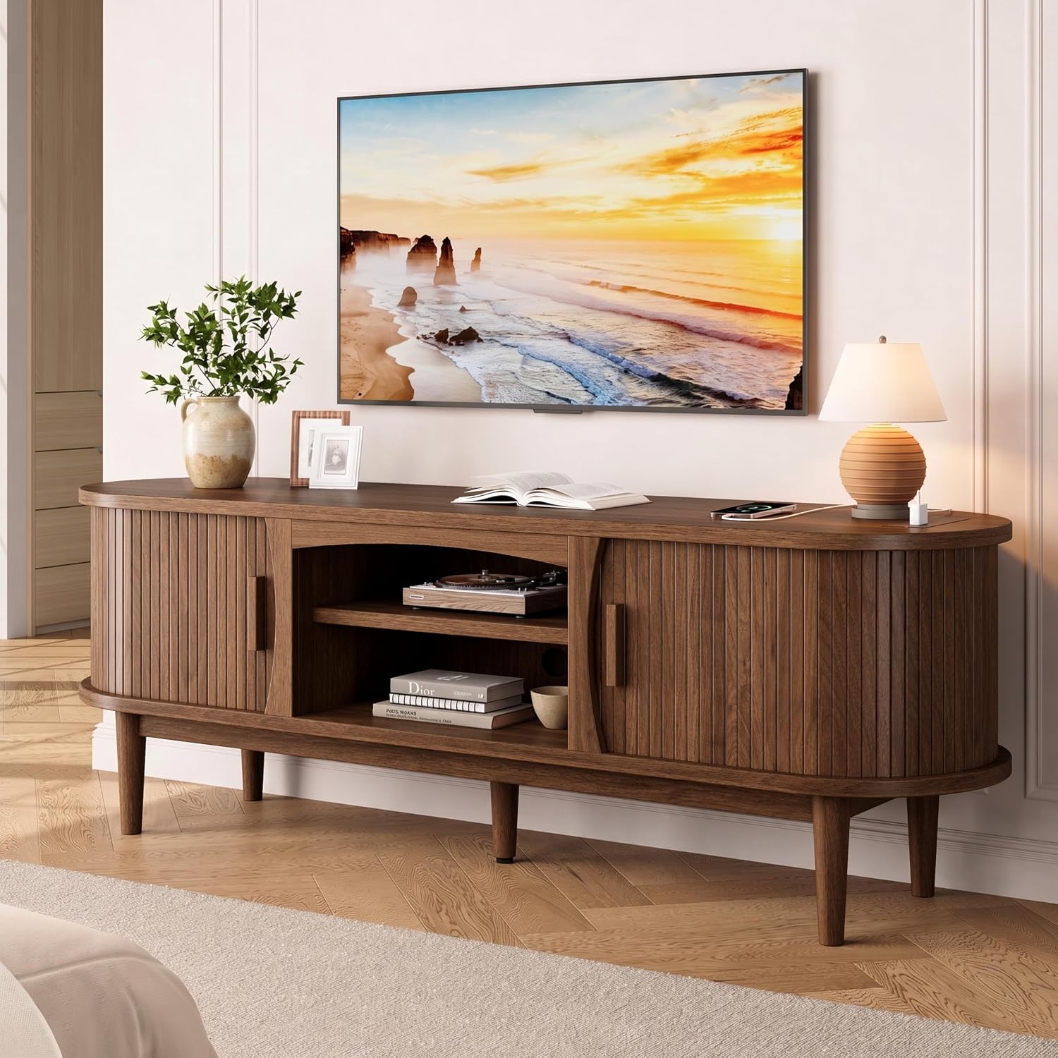 Decofy 63" Fluted TV Stand for TVs Up to 70" with Charging Station, Walnut | Mid Century Modern Built-in Charging Station Sliding Tambour Doors Adjustable Shelves Entertainment Center Solid Wood Legs