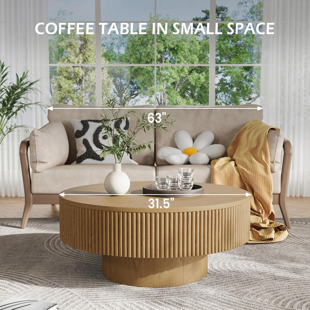 YOUDENOVA 31.5” Round Fluted Coffee Table, Modern Wood Circle Coffee Table, V...