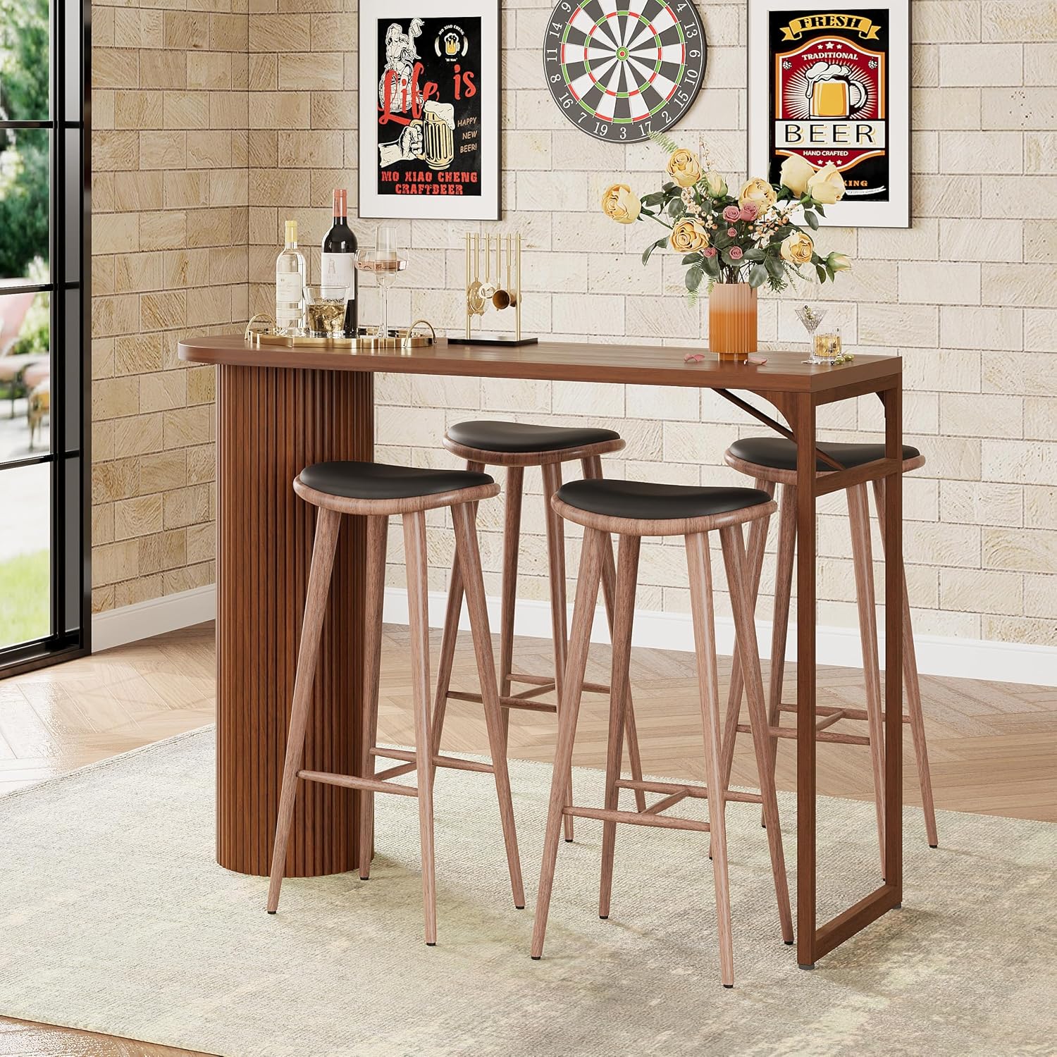 55" Long Bar Table, Fluted Wood Counter Height Pub Table, High Top Kitchen Breakfast Bar Tables with Sturdy Metal Frame, Modern Bar Height Dining Table for Bistro, Dining Room, Living Room