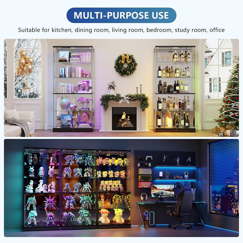Lvifur Full Deep Glass Display Cabinet with RGB Lights and Lock, Black