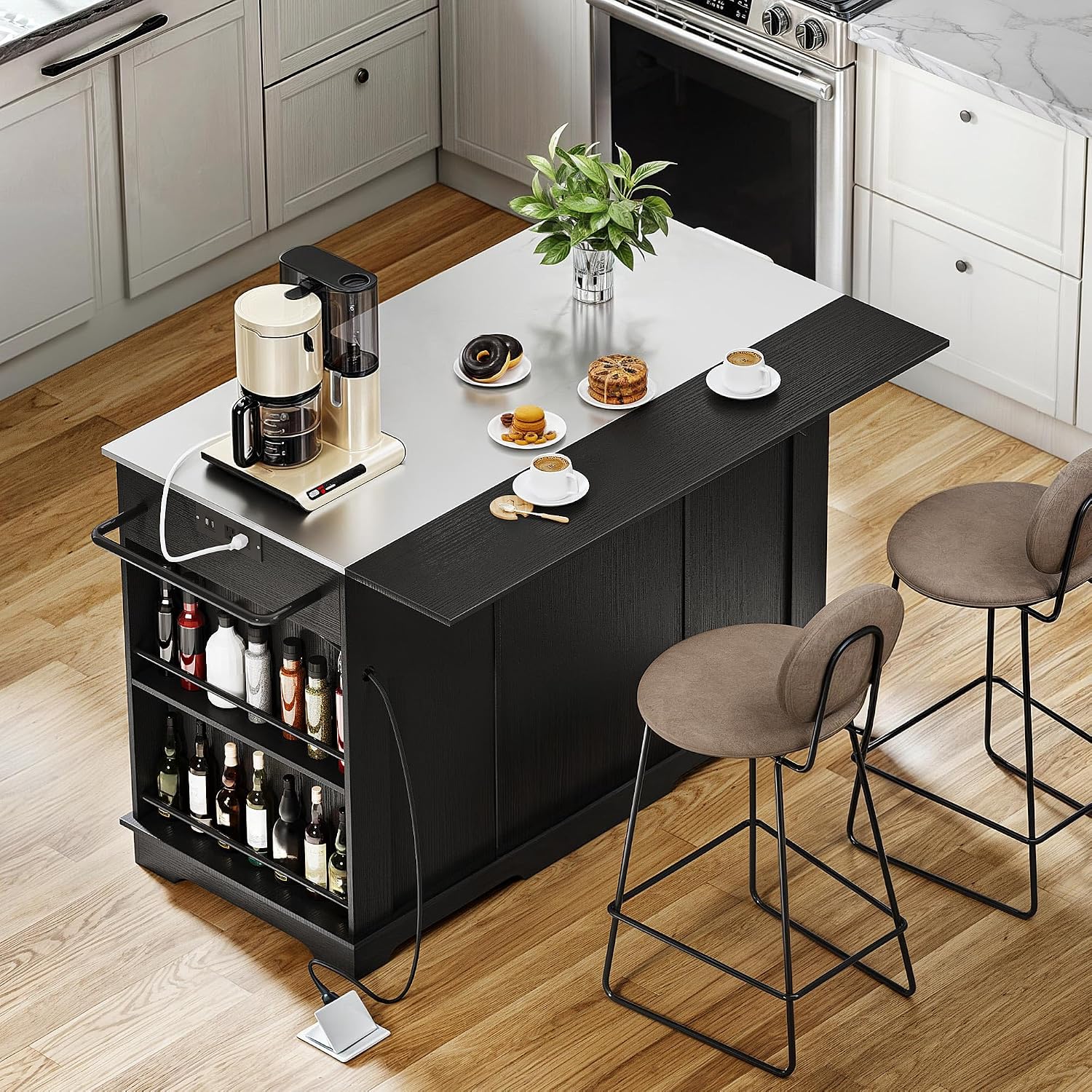 YITAHOME 60 Inch Kitchen Island with Drop Leaf | Mobile Stroage Islands with Stainless Steel Top, Rolling Island Table with Power Outlet, Adjustable Shelves, Spice Rack
