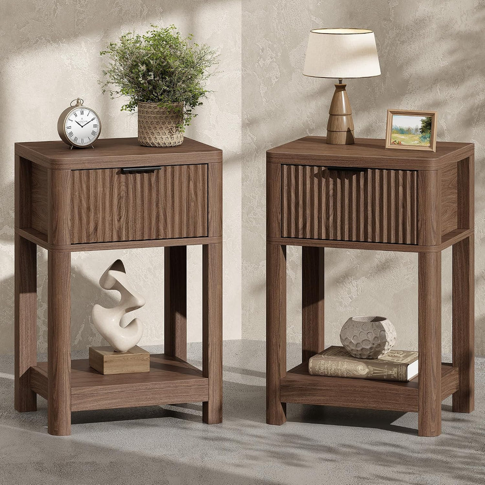 MECHYIN Nightstand Set of 2, Fluted Bedside Table with Drawer & Open Shelf