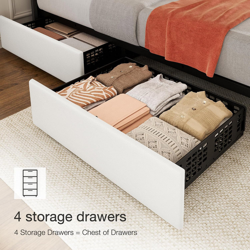 IDEALHOUSE Queen Size Bed Frame with 4 Storage Drawers, PU Leather Linen Upho...