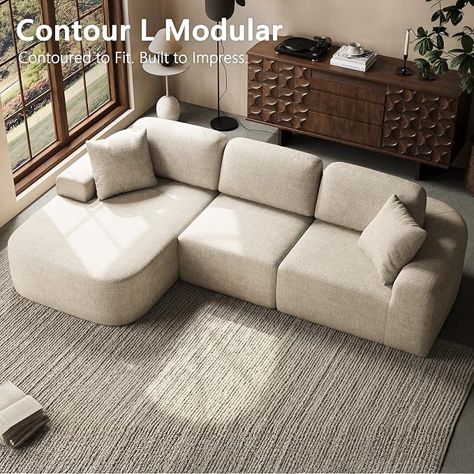 Dowinx 107'' Modular Sectional Sofa Couch with Chaise, No Assembly Required, Modern Bouclé-Inspired Upholstery, Convertible L-Shaped Design for Living Room – Oatmeal Beige