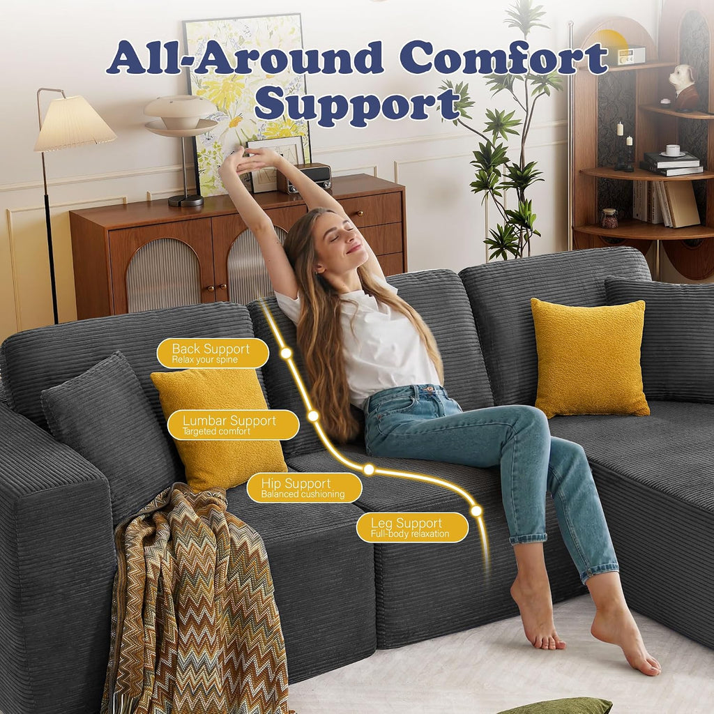 109” Cloud Sectional Couch, Boneless Modular Sofa with L-Shape Chaise, Deep Seat Corduroy Couch, No Assembly Required, Modern Upholstered Sectional for Living Room Apartment Bedroom