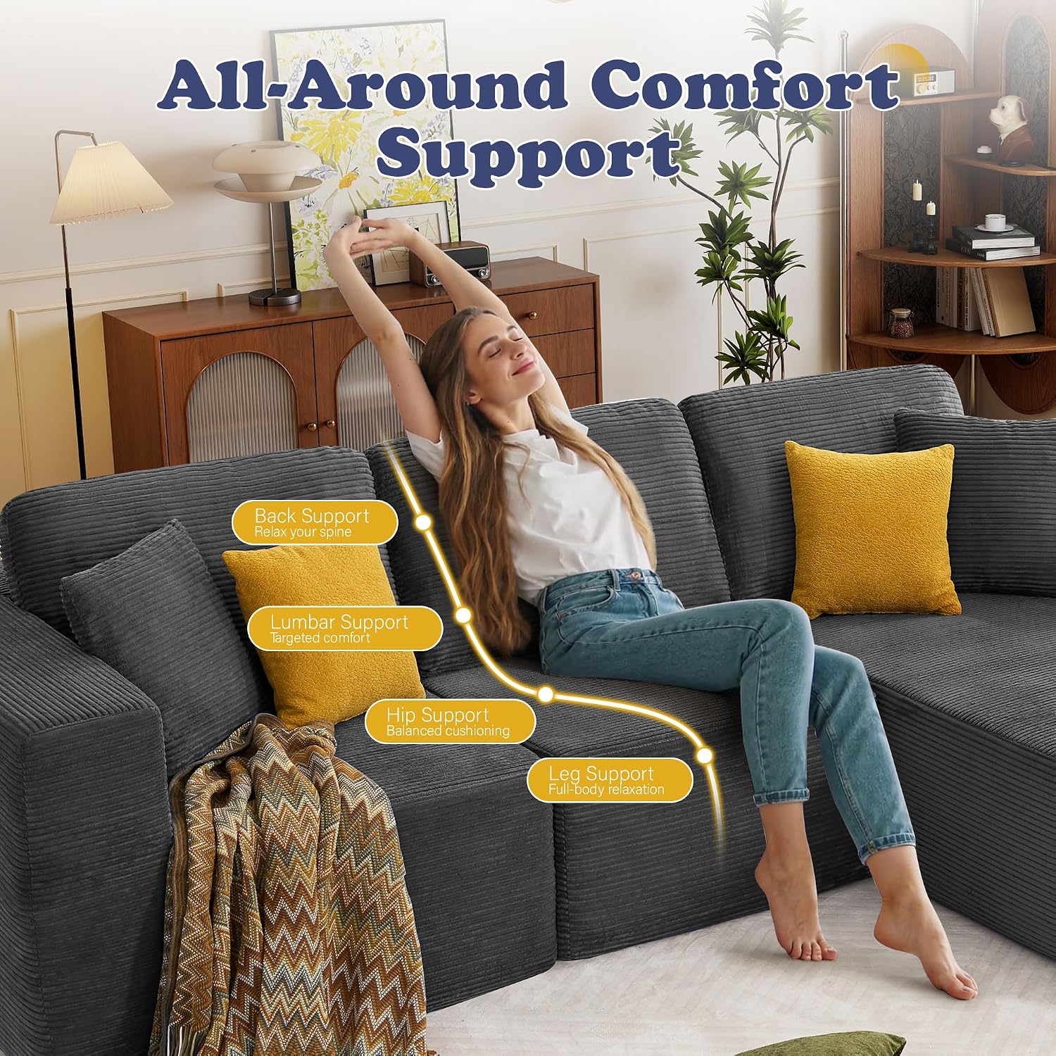 109” Cloud Sectional Couch, Boneless Modular Sofa with L-Shape Chaise, Deep Seat Corduroy Couch, No Assembly Required, Modern Upholstered Sectional for Living Room Apartment Bedroom