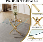 5-Piece Glass Dining Table Set, Modern Square Gold Dining Room Set with Tempered Glass Kitchen Table and 4 Gray Upholstered Chair for Apartment, Living Room