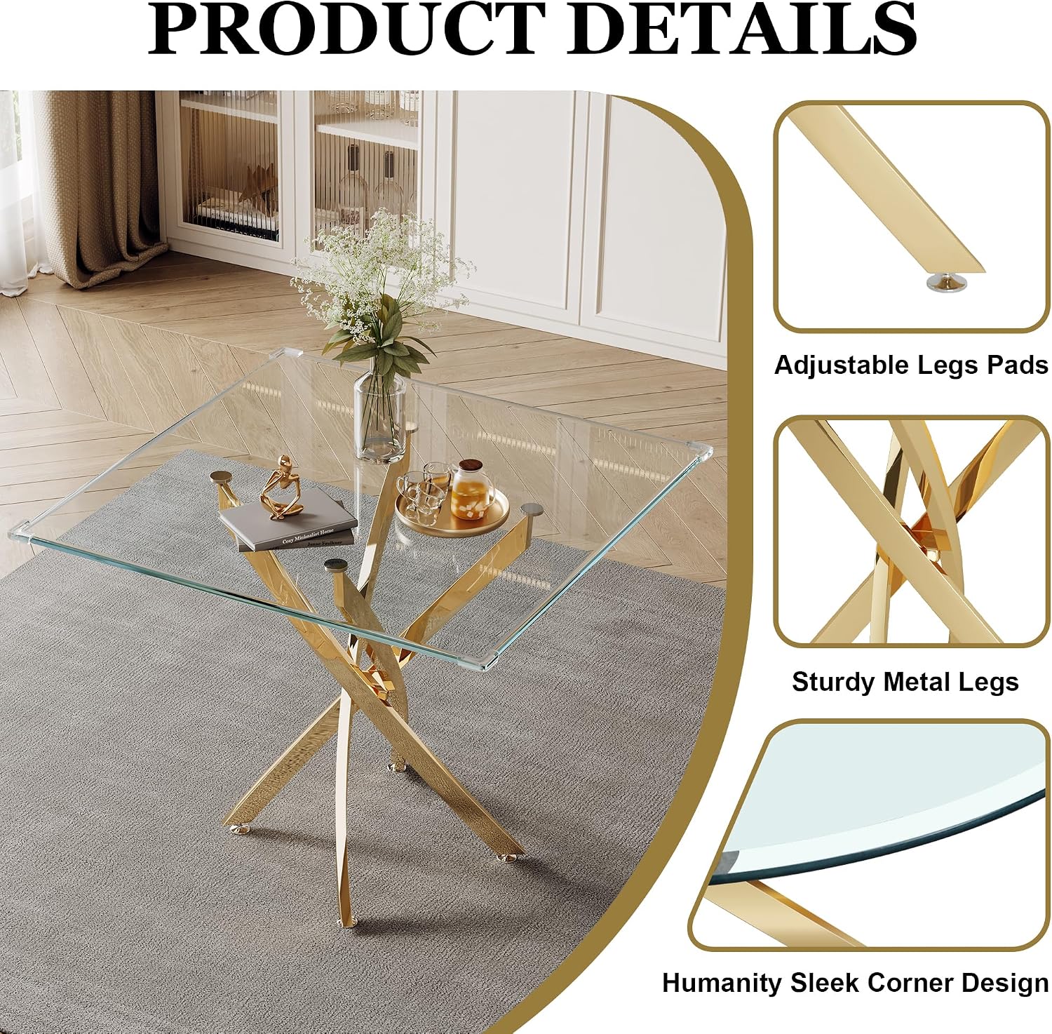 5-Piece Glass Dining Table Set, Modern Square Gold Dining Room Set with Tempered Glass Kitchen Table and 4 Gray Upholstered Chair for Apartment, Living Room