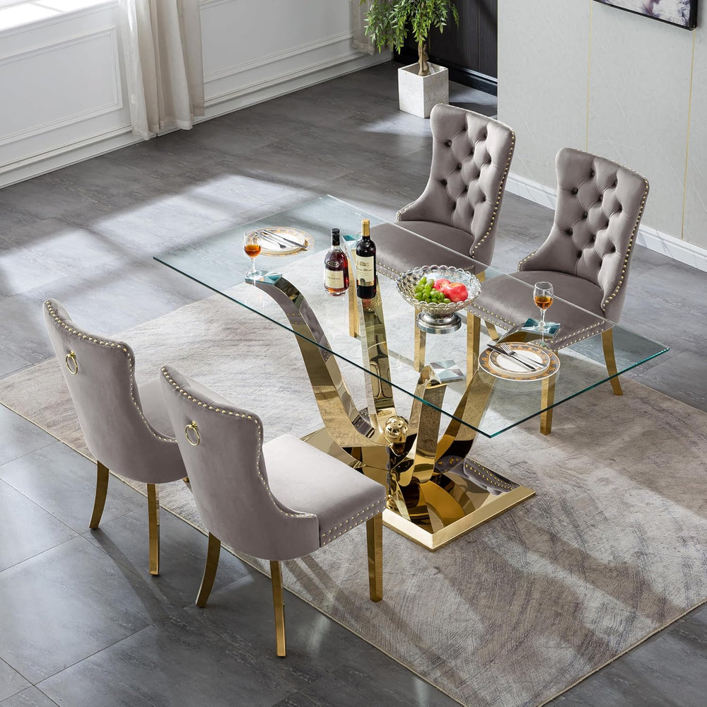 70" Modern Gold Glass Dining Table Set for 4, 5-Piece Rectangle Kitchen ...