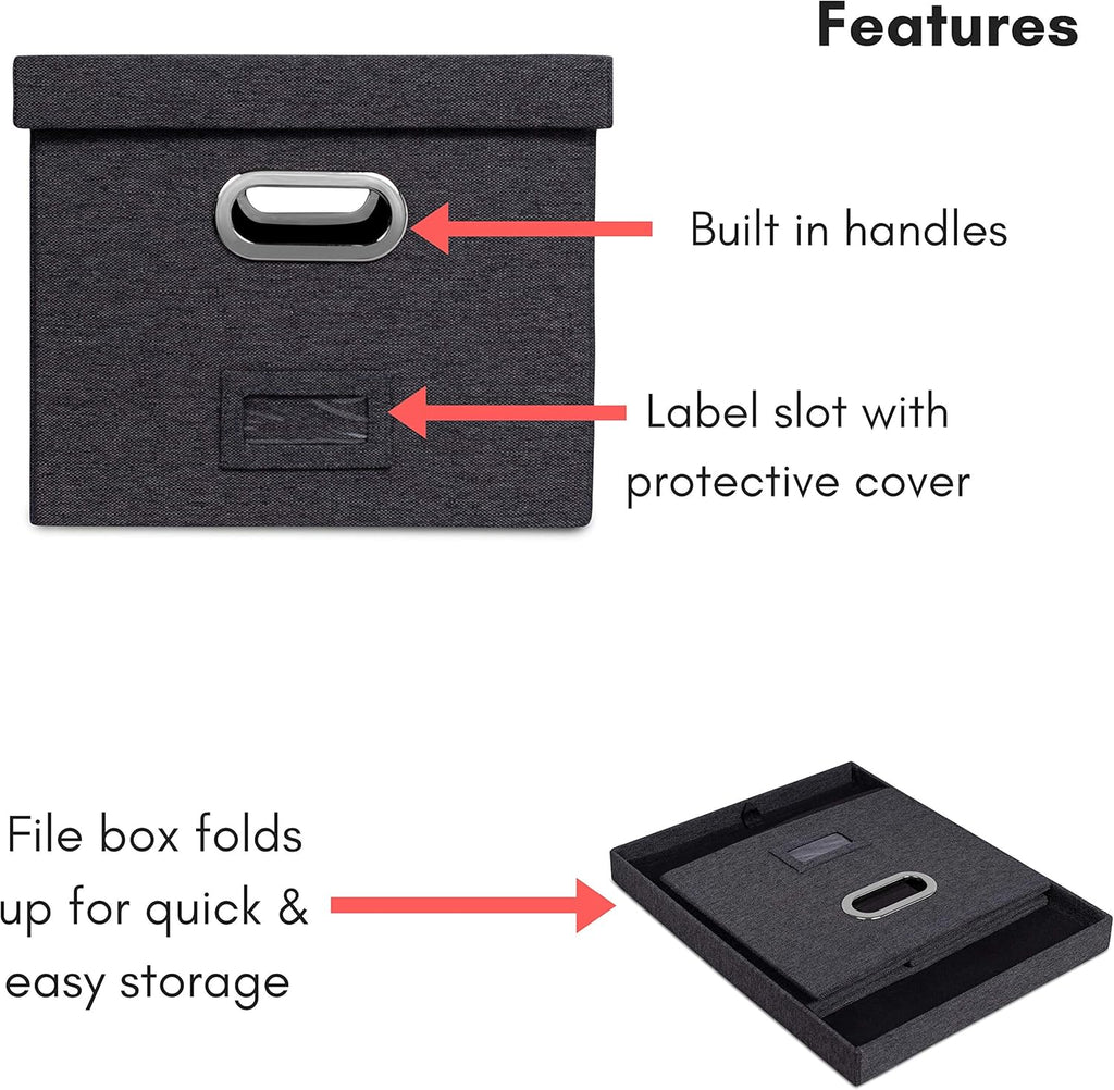 Internet's Best Collapsible File Storage Organizer with Lid - Decorative Linen Filing & Storage Office Box – Hanging Letter/Legal Folder – Home Office Bins Cabinet – Charcoal Container - 6 Pack