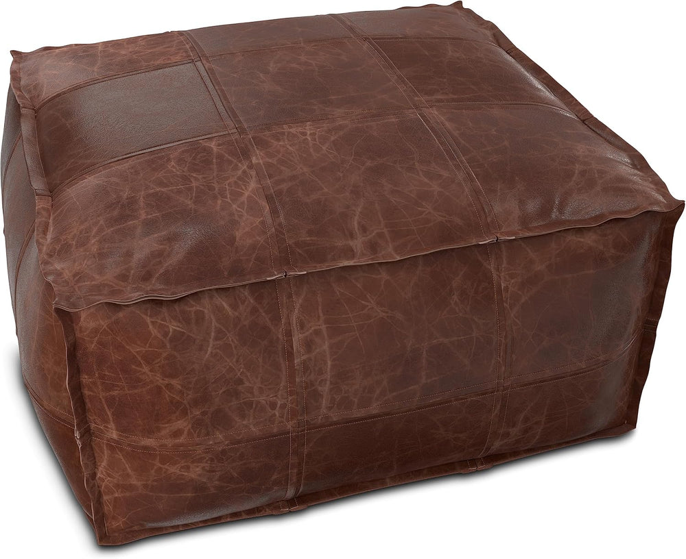 SIMPLIHOME Brody 26" Wide Genuine Leather Square Pouf in Distressed Brow...