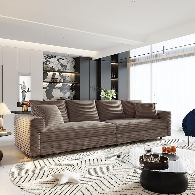 KEIKI 102.4" Sectional Couches, Modern Comfy Upholstered Sofa Cloud Couch, Deep Seat 4 Seat Sofa Set with Soft Pillows and Movable Ottoman for Living Room, Apartment, Office, Camel