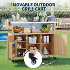 Outdoor Grill Cart with Storage Cabinet, Wood Outdoor Kitchen Island on Wheels, Grill Cart Table with Stainless Steel Table Top, Spice Rack, Towel Rack & Lockable Wheels for Kitchen,BBQ, Natural