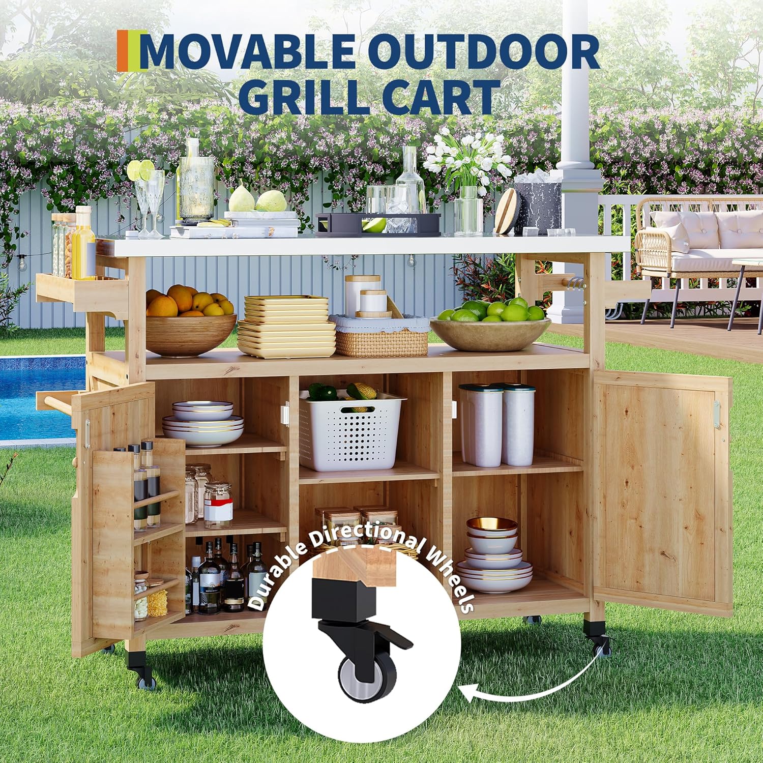 Outdoor Grill Cart with Storage Cabinet, Wood Outdoor Kitchen Island on Wheels, Grill Cart Table with Stainless Steel Table Top, Spice Rack, Towel Rack & Lockable Wheels for Kitchen,BBQ, Natural
