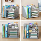 Lavatino 5-Tier Metal Mesh Desk Organizer with 2 File Holders & 7 Customizable Compartments | Paper Letter Tray for Office or Home Desk Storage | Keep Workspace Supplies Neat & Organized, Silver