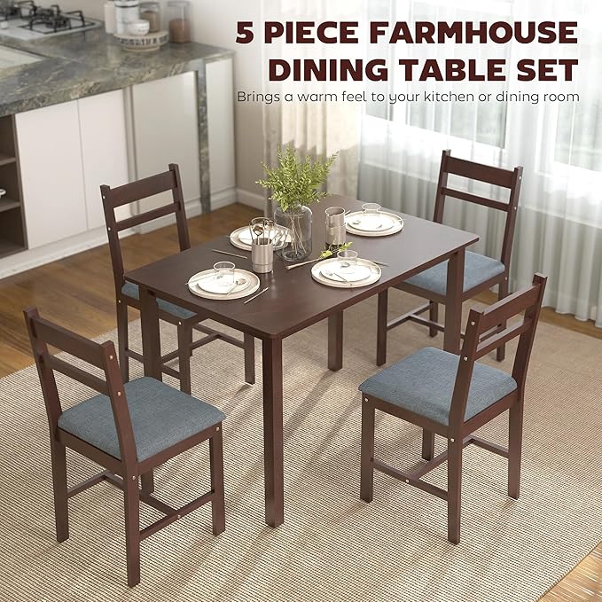 HOMCOM 5-Piece Solid Wood Dining Table Set for 4, Farmhouse Kitchen Table with Upholstered Chairs for Small Space, Dining Room, Breakfast Nook, Walnut and Gray