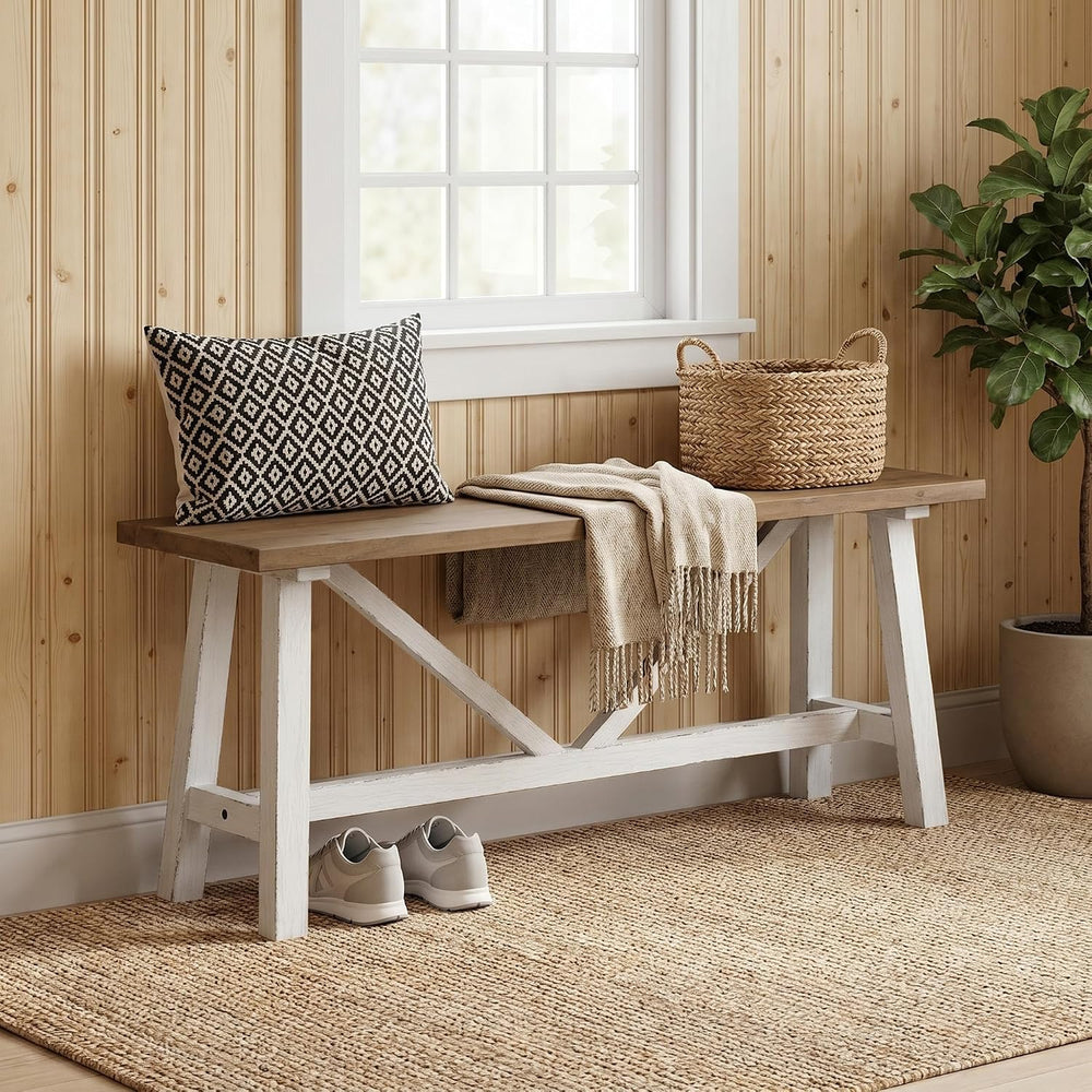 Wnutrees 43" Farmhouse Solid Wood Bench, Narrow Long Seat, White | Entry...
