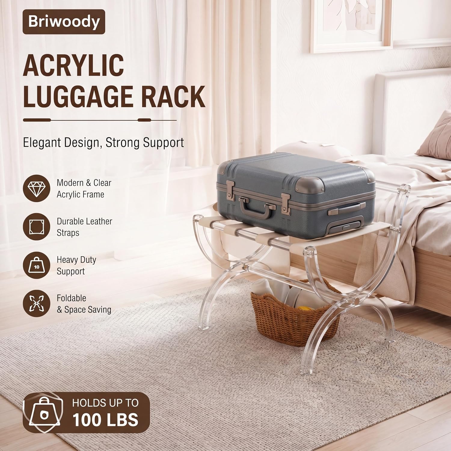 Briwooody Acrylic Luggage Rack for Guest Room, Foldable Suitcase Stand with Back & Leather Straps, Clear Modern Design for Bedroom & Hotel, Heavy Duty Luggage Rack, Holds up to 100 lbs