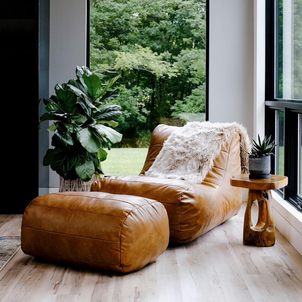 Big Joe Modora Bean Bag Lounger, Living Room and Gaming Seat, Copper Harbor Vegan Leather, Chair & Ottoman Set