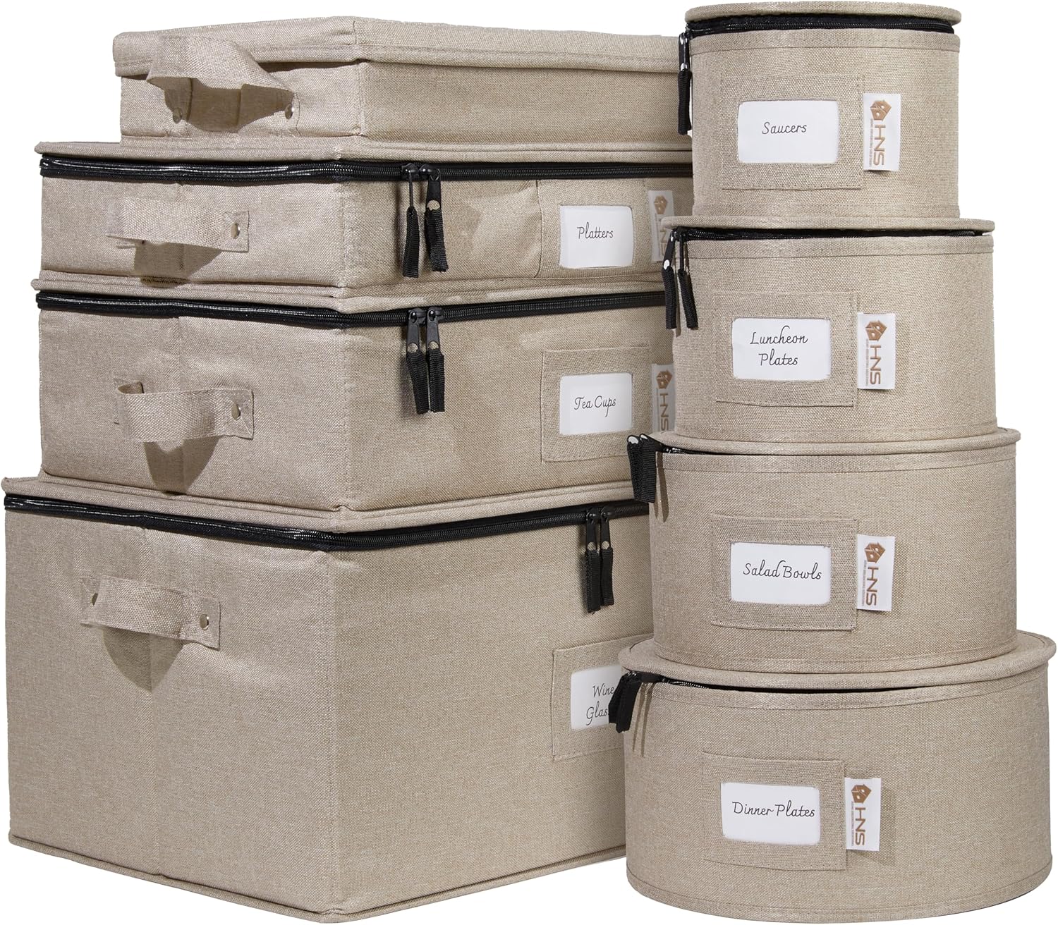 Hard Shell China Storage Containers 8-Piece Set Moving Boxes for Dinnerware, Glasses, Plates, Mugs and Saucers Sturdy Dish Organizer with Dividers for Seasonal Storage - Service for 12 - Brown